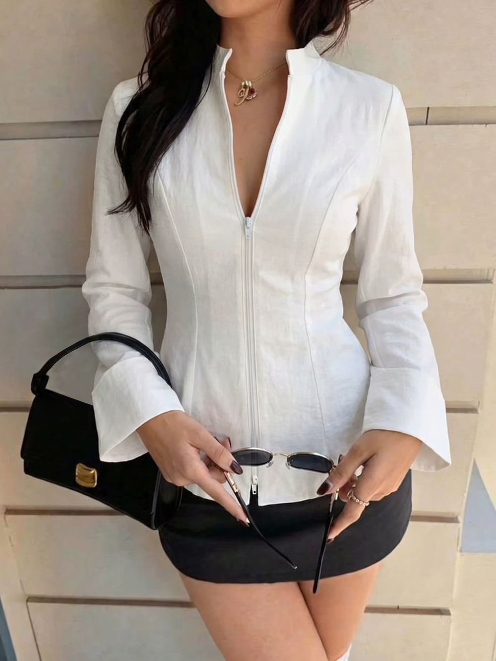 Zara Casual Summer Stand Collar Waist Defining Flared Cropped Fitted Top